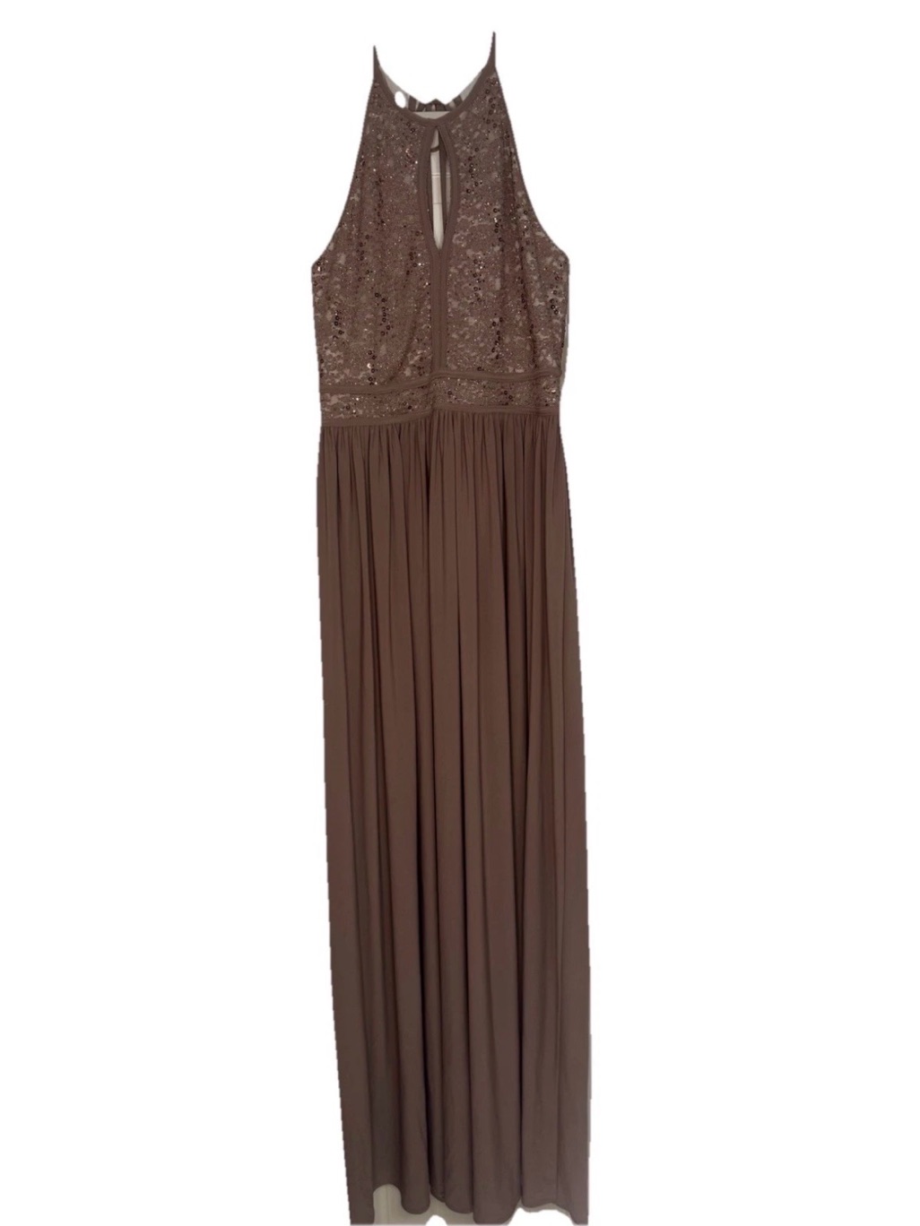 Morgan & Co Taupe Sequin Lace Halter Prom Formal Gown Dress Size 10 Nwt